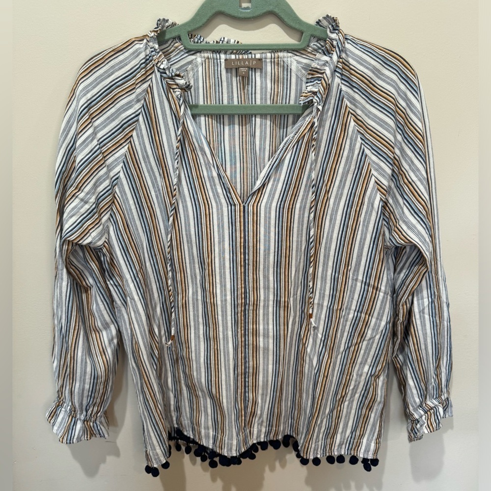LILLA P Striped Bottom Tassel Cotton Peasant Top Sz S